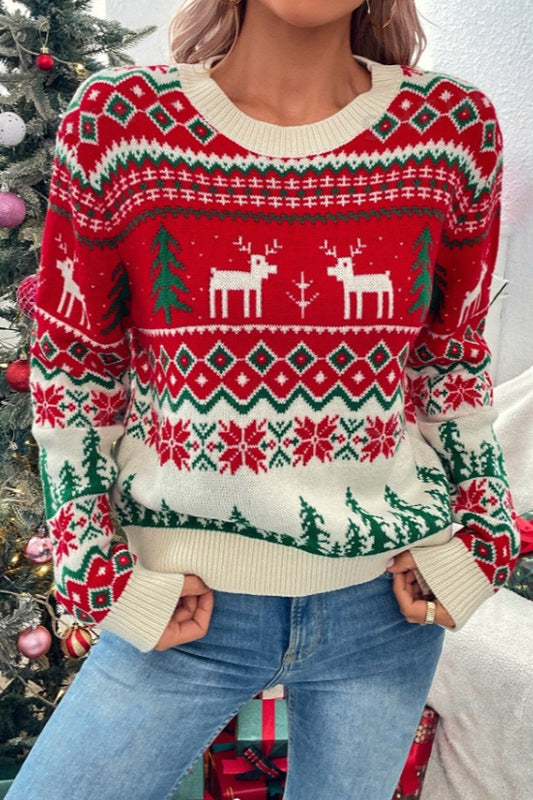 Style Color Block Crew Neck Cartoon Sweater
