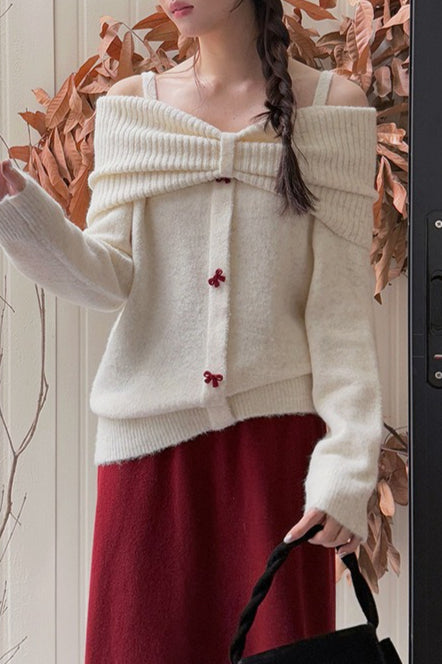 Off-Shoulder Bow Button Long Sleeve Wool Knitted Sweater