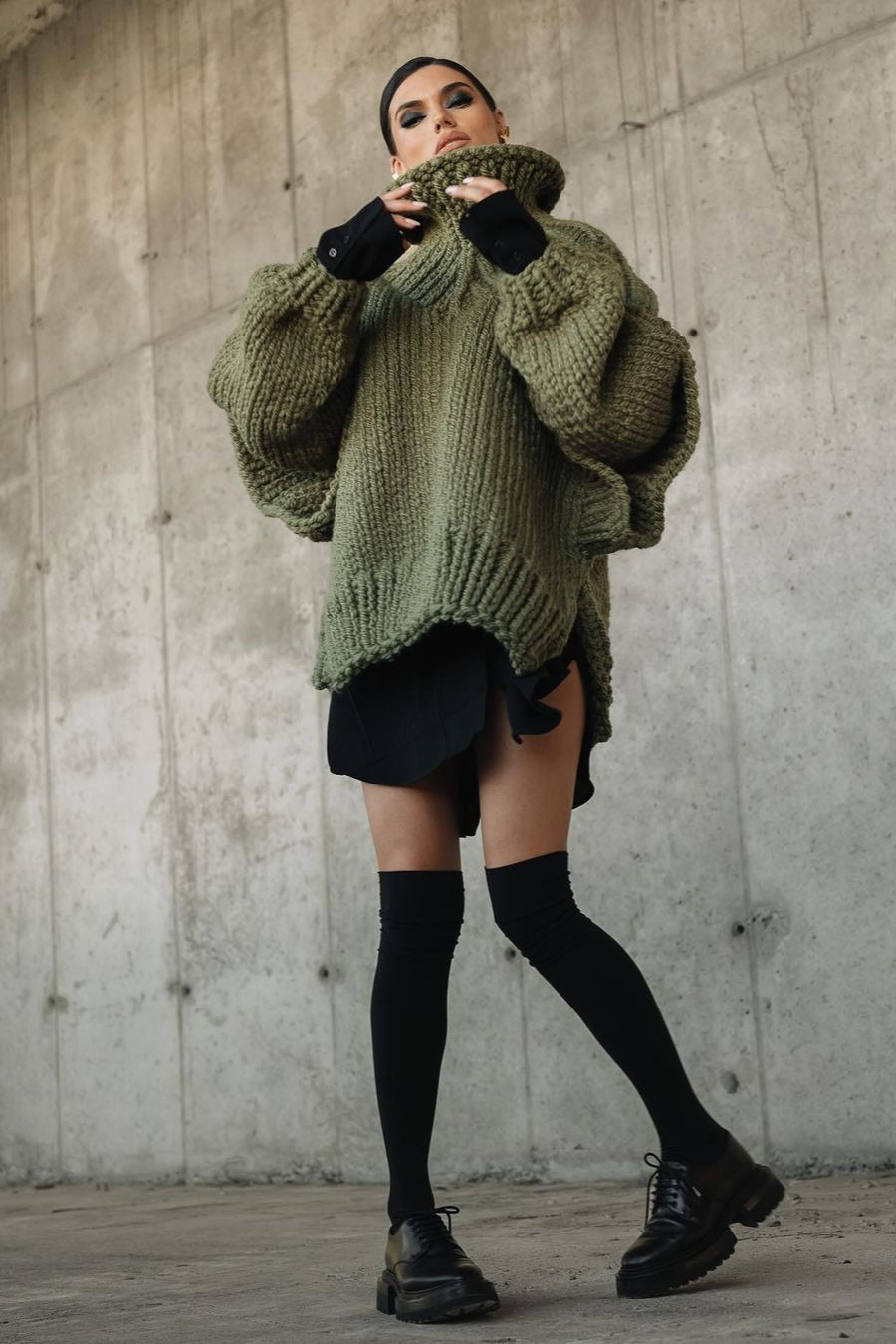Solid Patchwork Chunky Fluffy Turtleneck Sweater