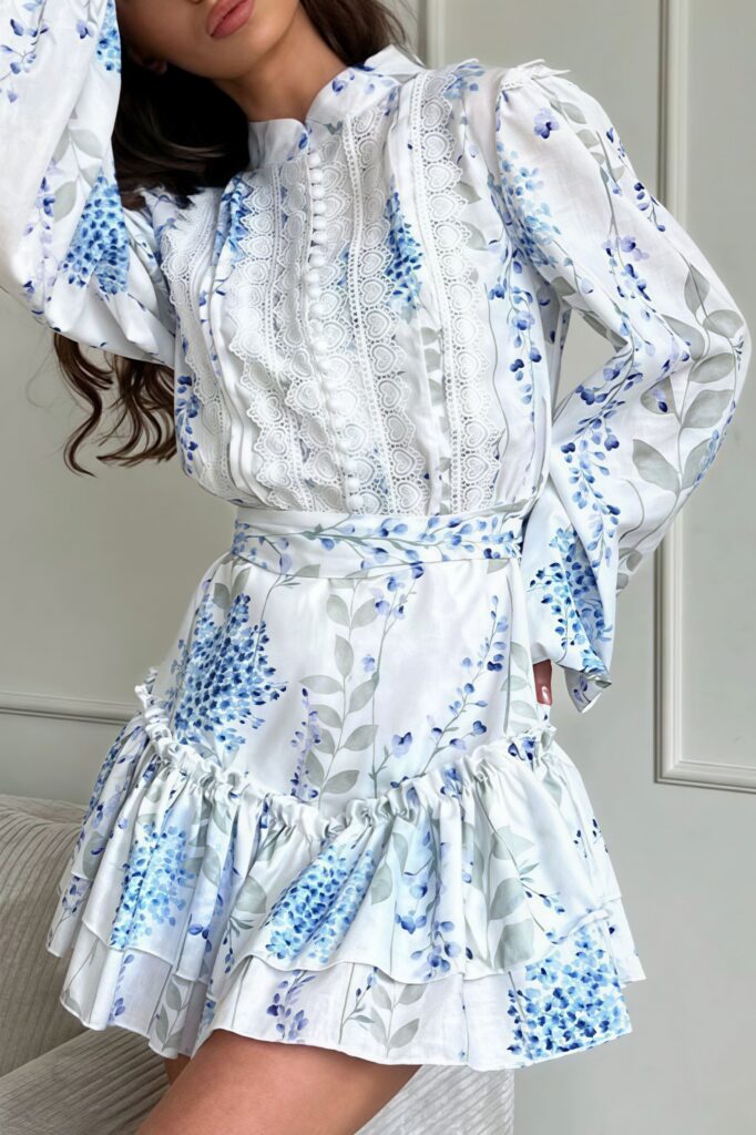 Floral Print Stand Collar Puff Sleeve Ruffle Maxi Dress