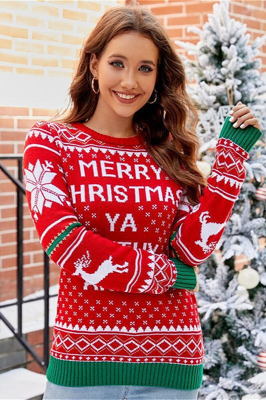 Relaxed Crew Neck Color Block Style Cartoon Print Sweater