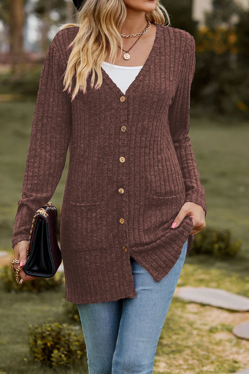 Brushed Ribbed Long Sleeve Cardigan