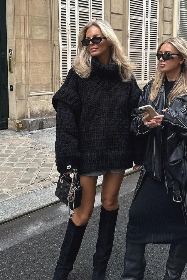 Solid Patchwork Chunky Fluffy Turtleneck Sweater