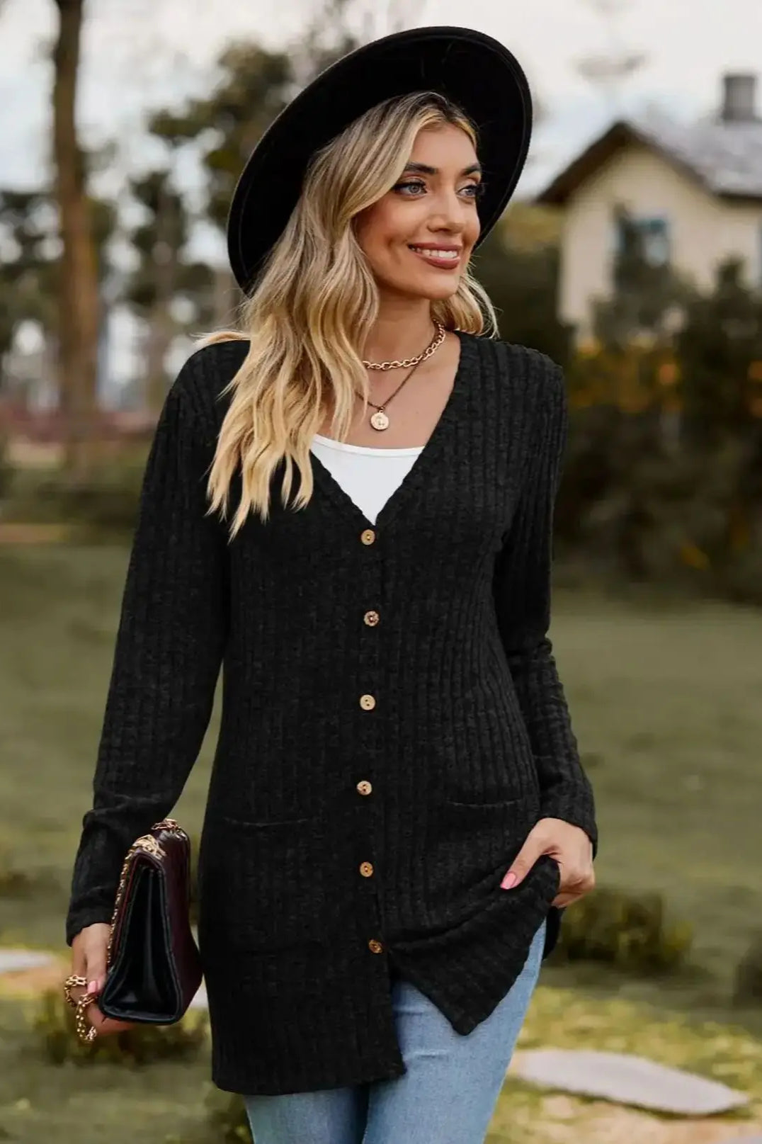Brushed Ribbed Long Sleeve Cardigan