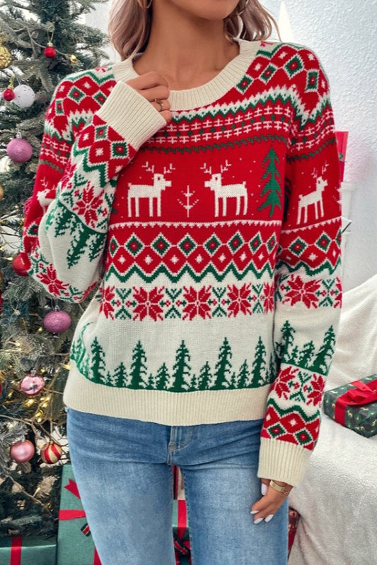 Style Color Block Crew Neck Cartoon Sweater
