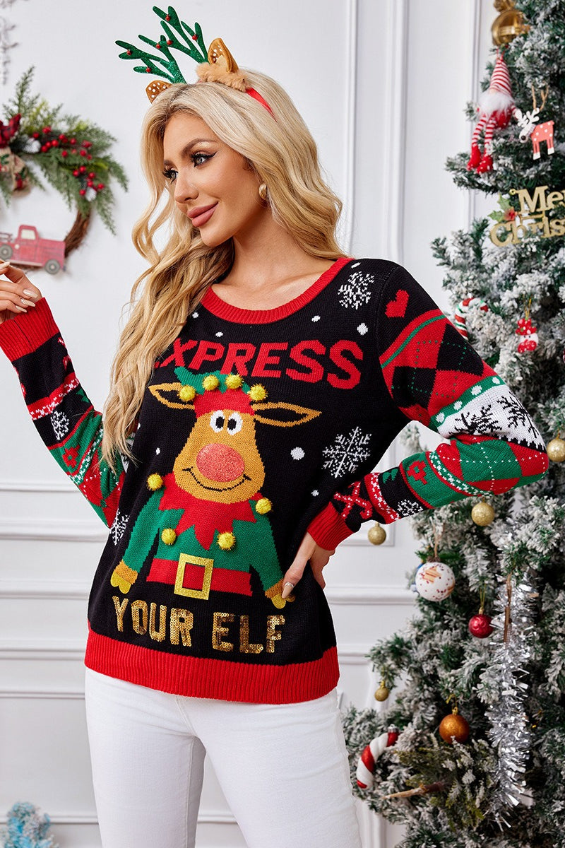 Moose 3D Pom Pom Sequin Crew Neck Sweater