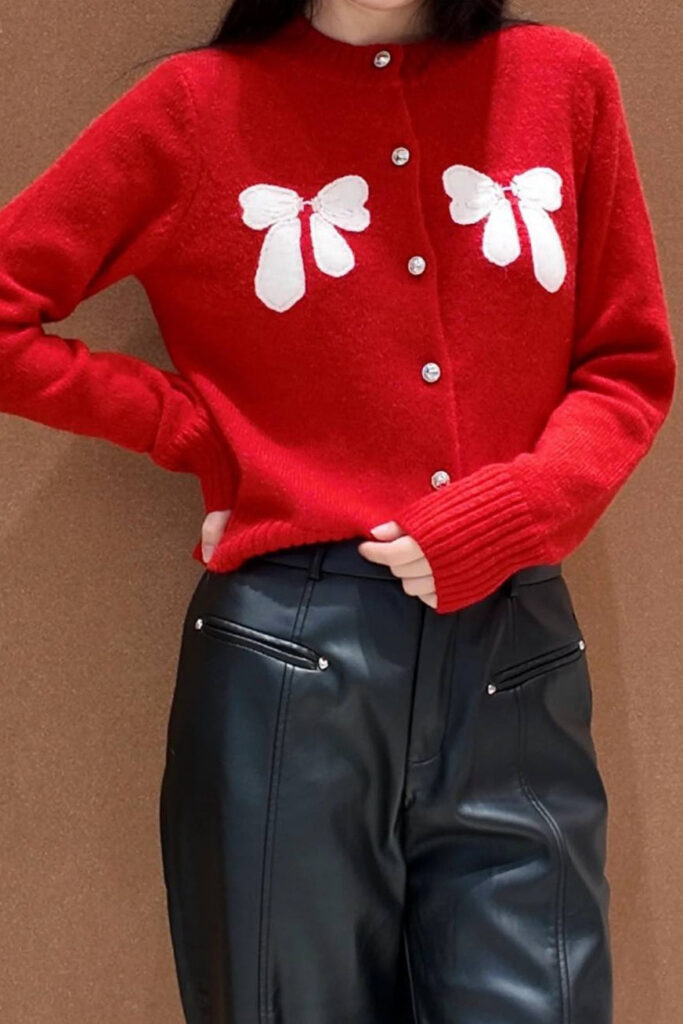 Bow Accent Red Knit Cardigan