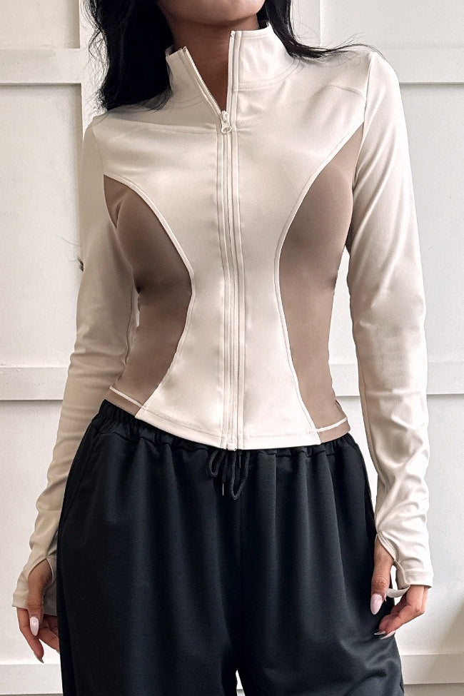 Stand Collar Zip Cardigan Slim Color Block Pilates Running Jacket