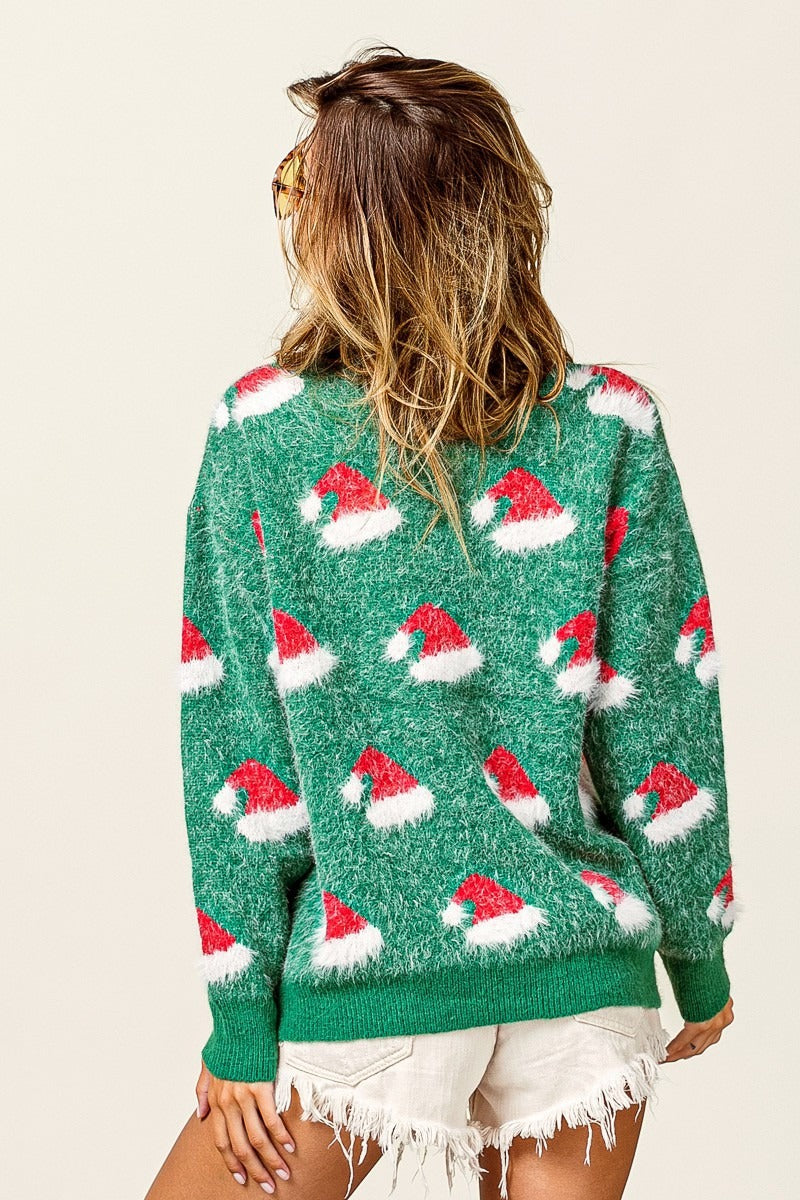 Color Block Santa Hat Fuzzy Embroidered Sweater