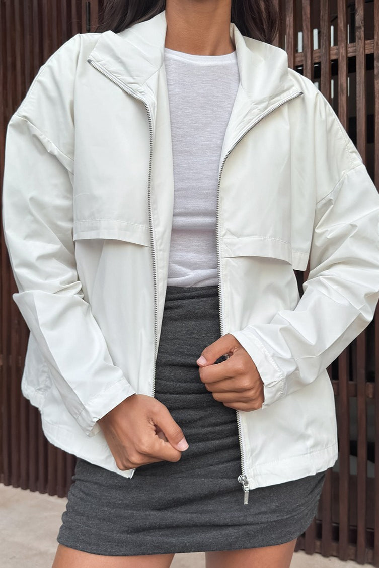 White Stand Collar Long Sleeve Loose Slim Casual Jacket