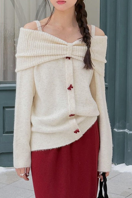 Off-Shoulder Bow Button Long Sleeve Wool Knitted Sweater