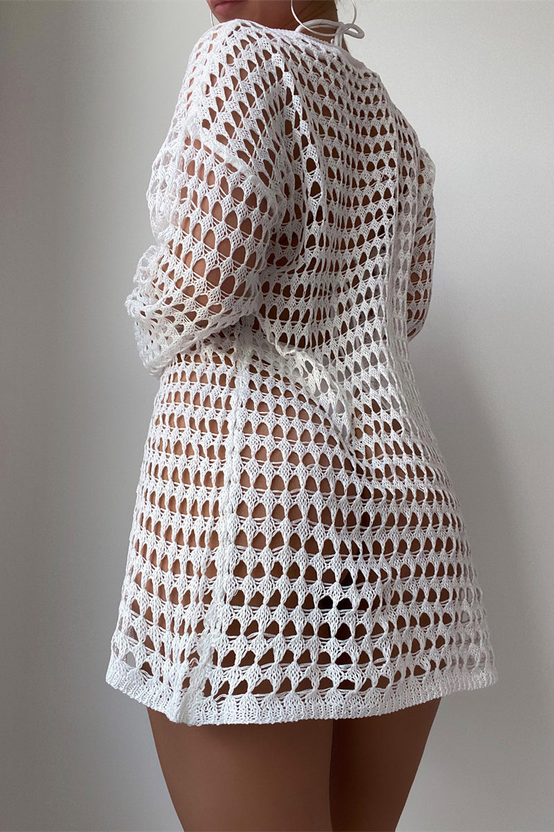 Hollow Knit Long Sleeve Bikini Cover Up