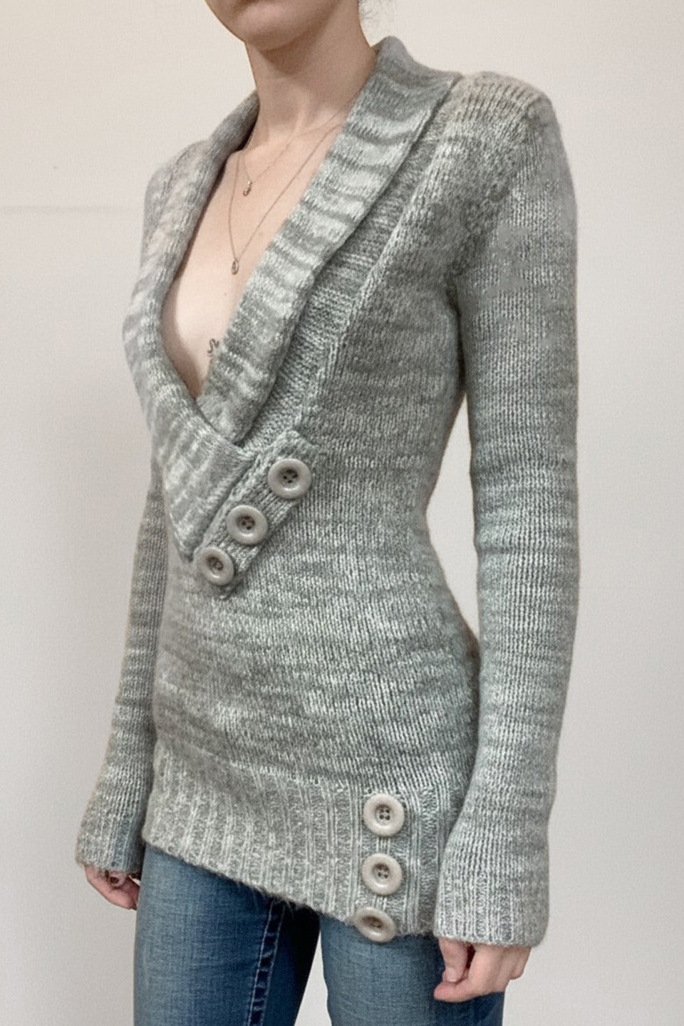 Vintage Paneled Asym V Neck Button Solid Sweater