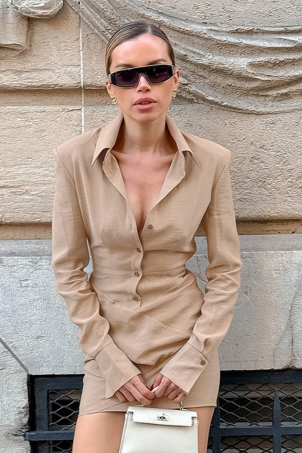 Long Sleeve Waist Irregular Pleated Bodycon Mini Dress