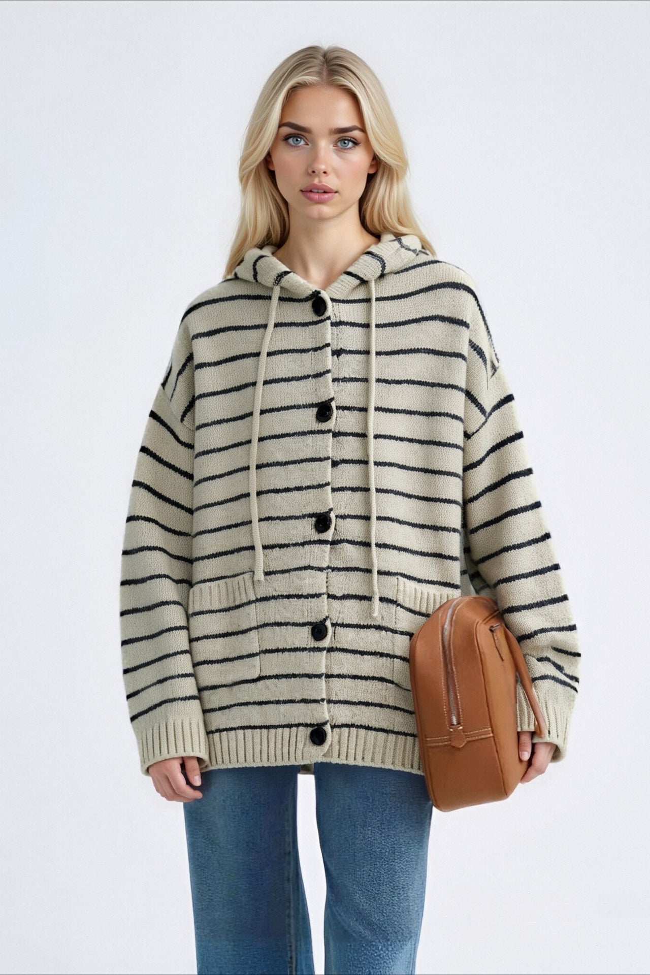 Stripe Hooded Retro Drawstring Pocket Plus Size Knit Cardigan