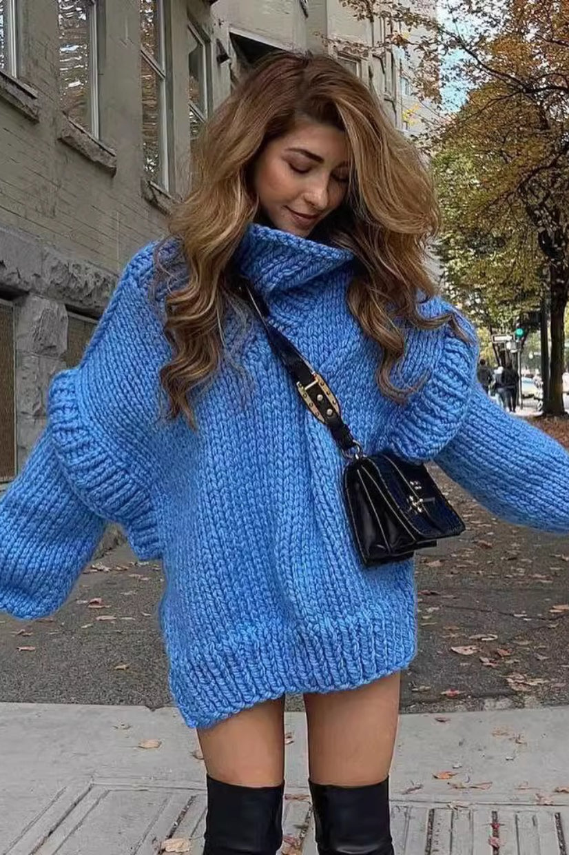 Solid Patchwork Chunky Fluffy Turtleneck Sweater
